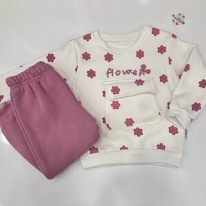 Ellezler Çiçek Desenli Cepli Kız Çocuk İki Parça Takım – Koyu Pembe