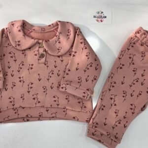 Ellezler Çan Çiçeği Desenli Bebe Yaka Bebek ve Çocuk Alt-Üst Takım Gül Kurusu