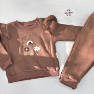 Ellezler Volan Kol Detaylı Çiçek Baskılı Kız Çocuk Sweatshirt Takım