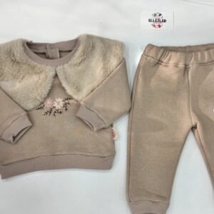 Ellezler Peluş Kürklü Yaka Çiçek Nakışlı Kız Çocuk Alt-Üst Kışlık Takım Ekru