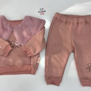 Ellezler Peluş Kürklü Yaka Çiçek Nakışlı Kız Çocuk Alt-Üst Kışlık Takım Pembe