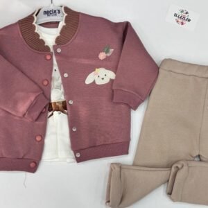 Ellezler Tavşan Figürlü Kolej Yaka Ceketli Kız Çocuk Üçlü Kombin Takım Koyu Pembe