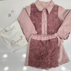 Ellezler 3D Gül Kabartmalı Rose Nakışlı Kız Çocuk Etekli Takım – Pembe & Beyaz