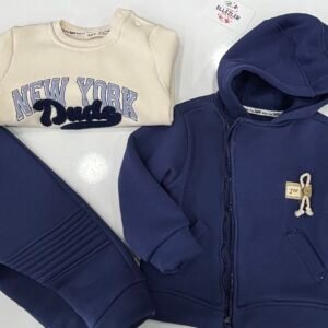 Ellezler New York Dudes Baskılı Kapüşonlu Hırka ve Sweatshirt Erkek Çocuk Üçlü Takım – Lacivert