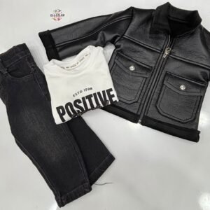 Erkek Çocuk İçi Kadife Deri Ceketli 3’lü Takım – Pamuklu Sweatshirt Kombin